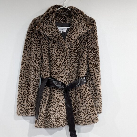 Calvin Klein Faux Fur Animall Printed Belted Jacket Brown Size Small - Picture 1 of 5